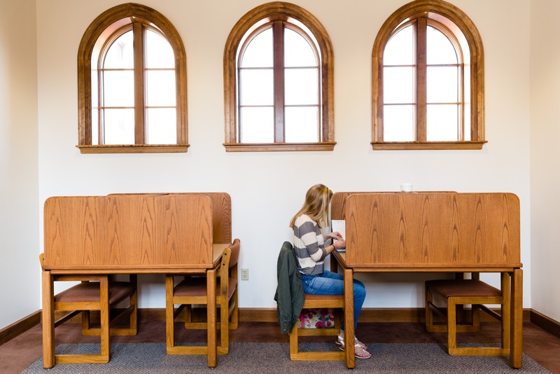 Female student studying in a secluded corner of the Rollins Olin Library.